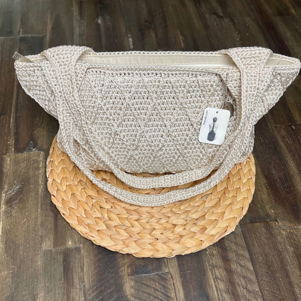 The Sak Crochet Shoulder Bag Natural Cream Knit Zip Top Hobo Purse NWT